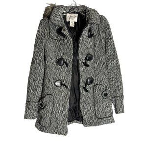 American Rag S Black & White Tweed Toggle Coat With Faux Fur Hood